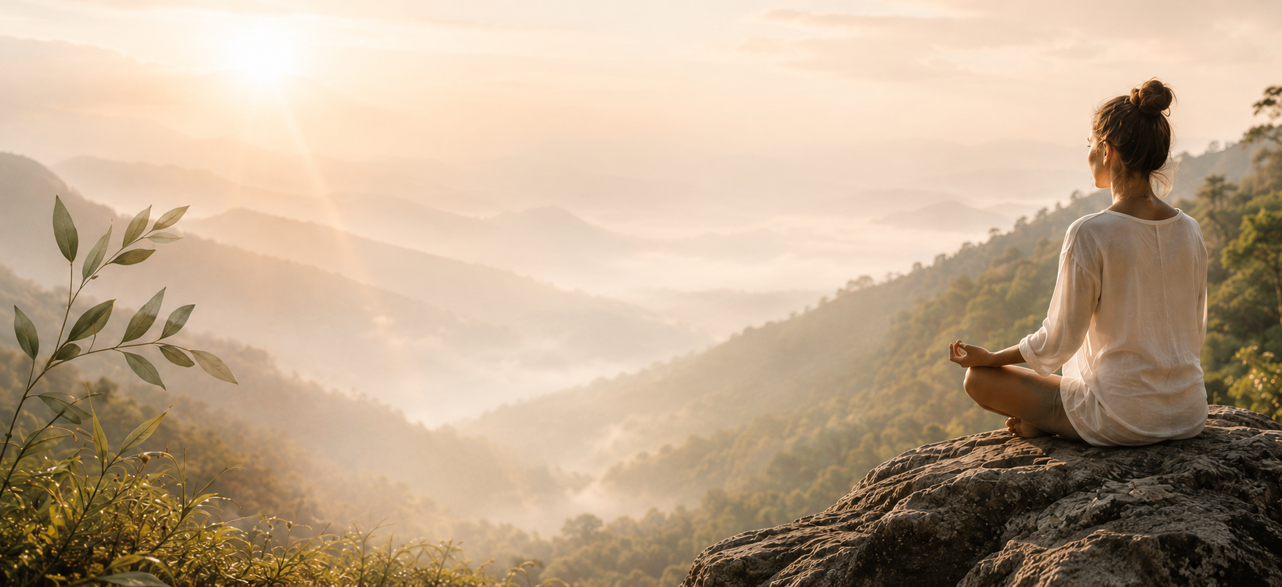 Femme en méditation au lever du soleil face aux montagnes