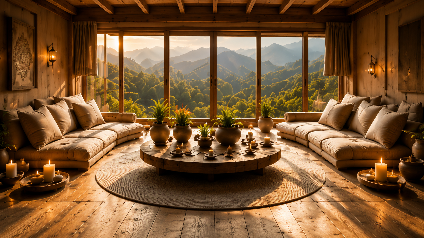 Salon panoramique de la Maison Anahata avec vue sur les montagnes