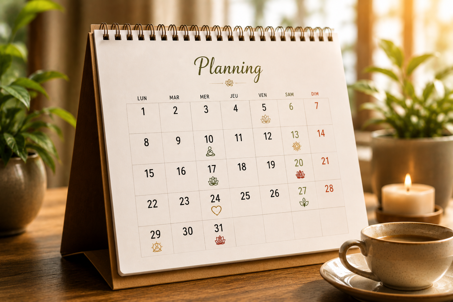 Planning mensuel des pratiques sur table en bois