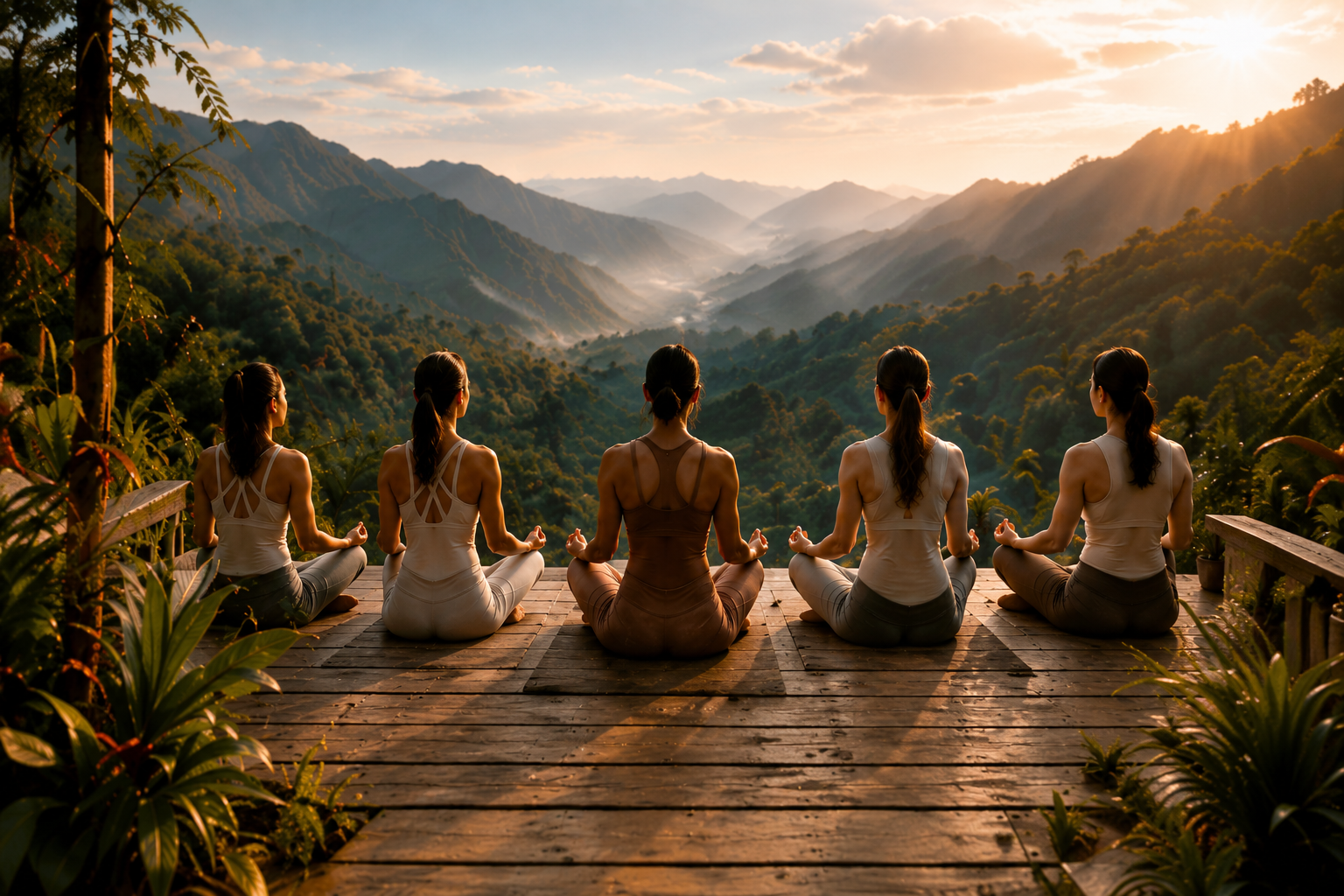 Groupe en méditation face aux montagnes au coucher du soleil